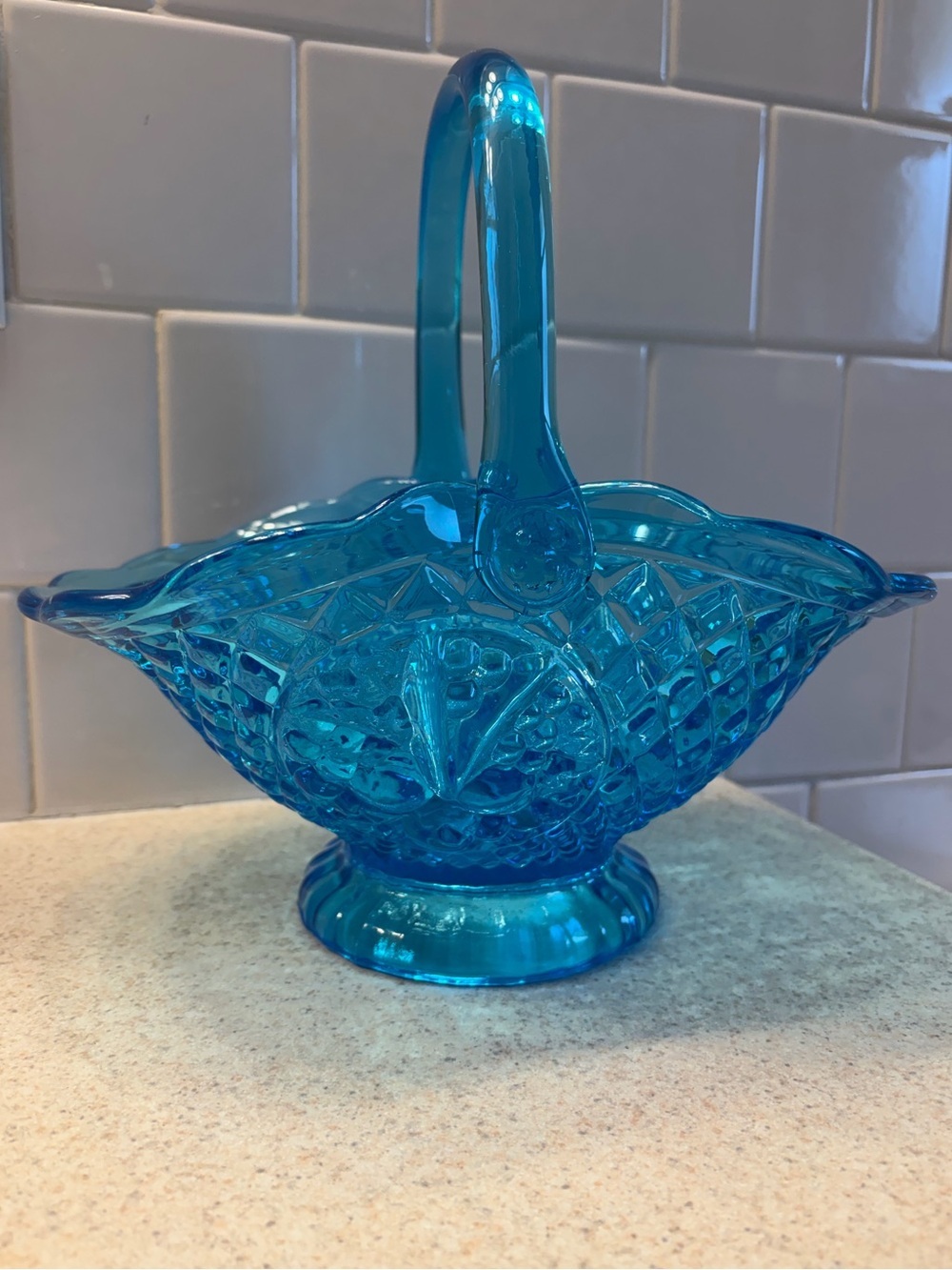 Vintage Fenton Blue Glass Basket Centerpiece - Picture 2 of 15